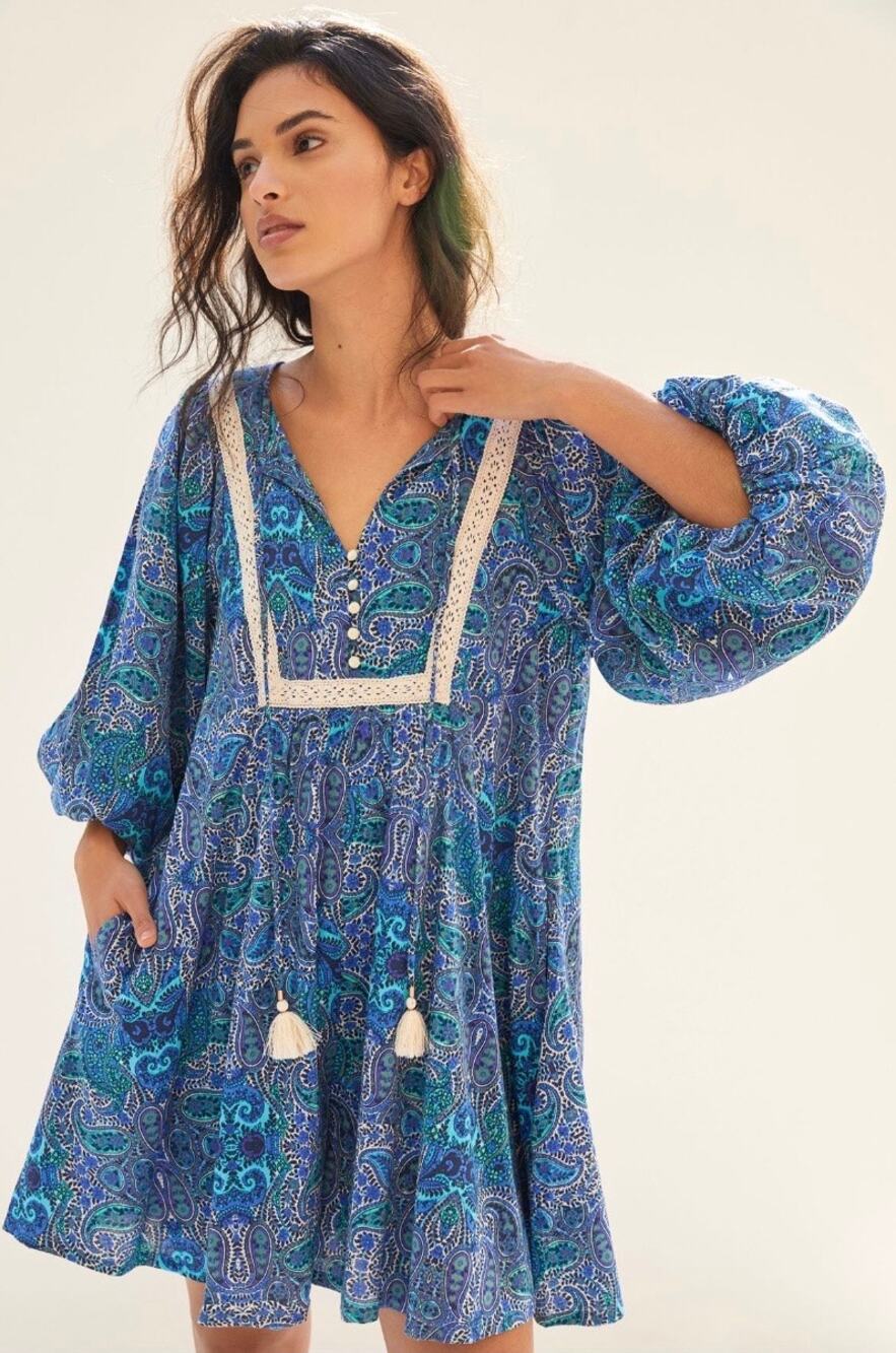 Anthropologie Blue Paisley Flowy Bohemian Peasant Hippie Mini Lissa Romper LARGE